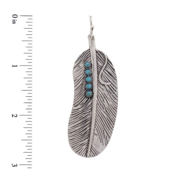 Silver tone feather earrings with faux turquoise stones pierced earrings - Picture 3 of 5